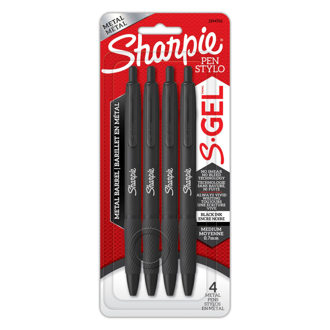 Sharpie® S-Gel, Gel Pens, Sleek Metal Barrel, Matte Black, Medium Point (0.7mm), Black Ink, 4 Count