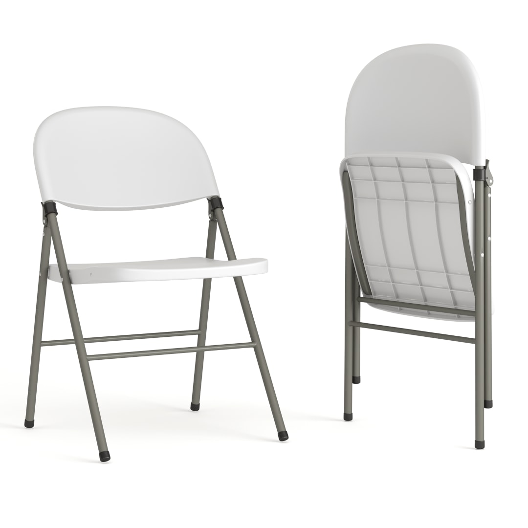 HERCULES Series White Plastic Folding Chairs | Set of 2 Lightweight Folding Chairs with Gray Frame