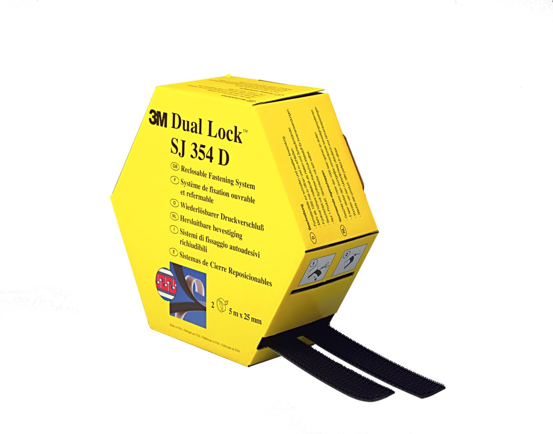 3M™ Dual Lock™ Flexibler Druckverschluss SJ354-Serie, SJ354D, Schwarz, 25 mm x 5 m, 5.7 mm, 40 Köpfe/cm², Innenbereich, Spendebox