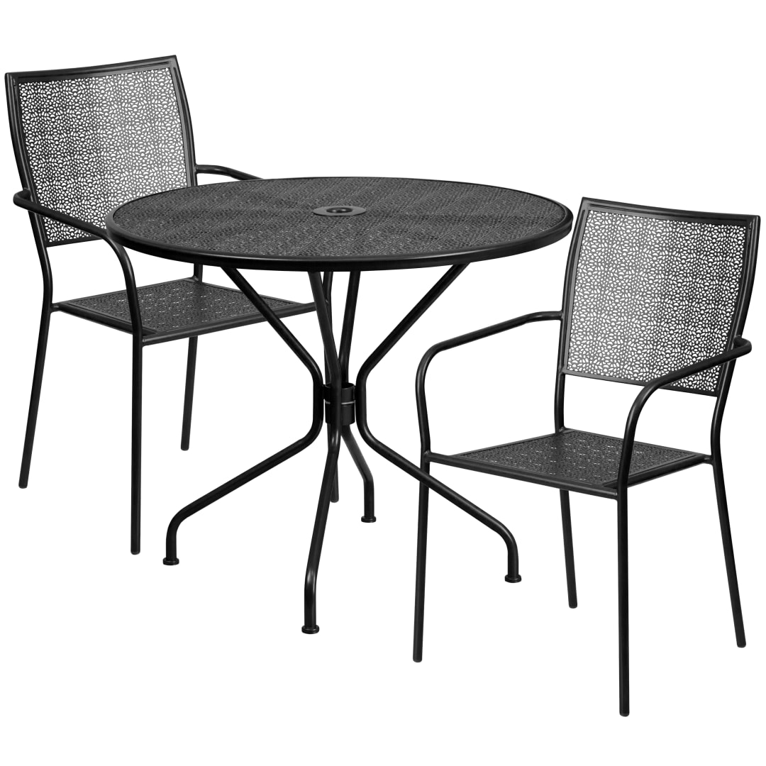 Oia Commercial Grade 35.25" Round Black Indoor-Outdoor Steel Patio Table Set with 2 Square Back Chairs