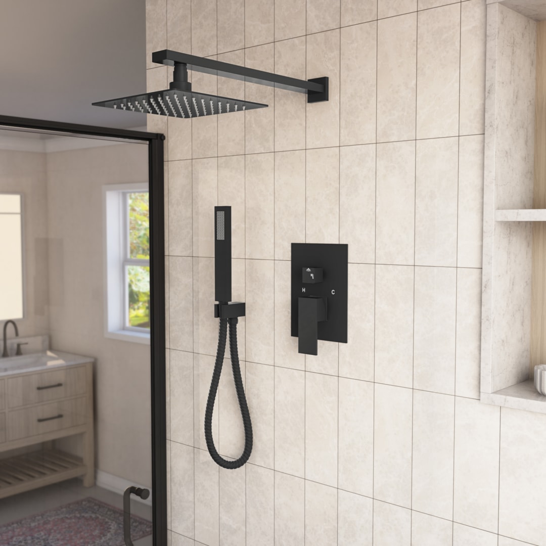 Essence Rainfall Shower Set with Shower Valve, Shower Head, Shower Arm, Handshower Holder, Handshower,and Hose, Matte Black