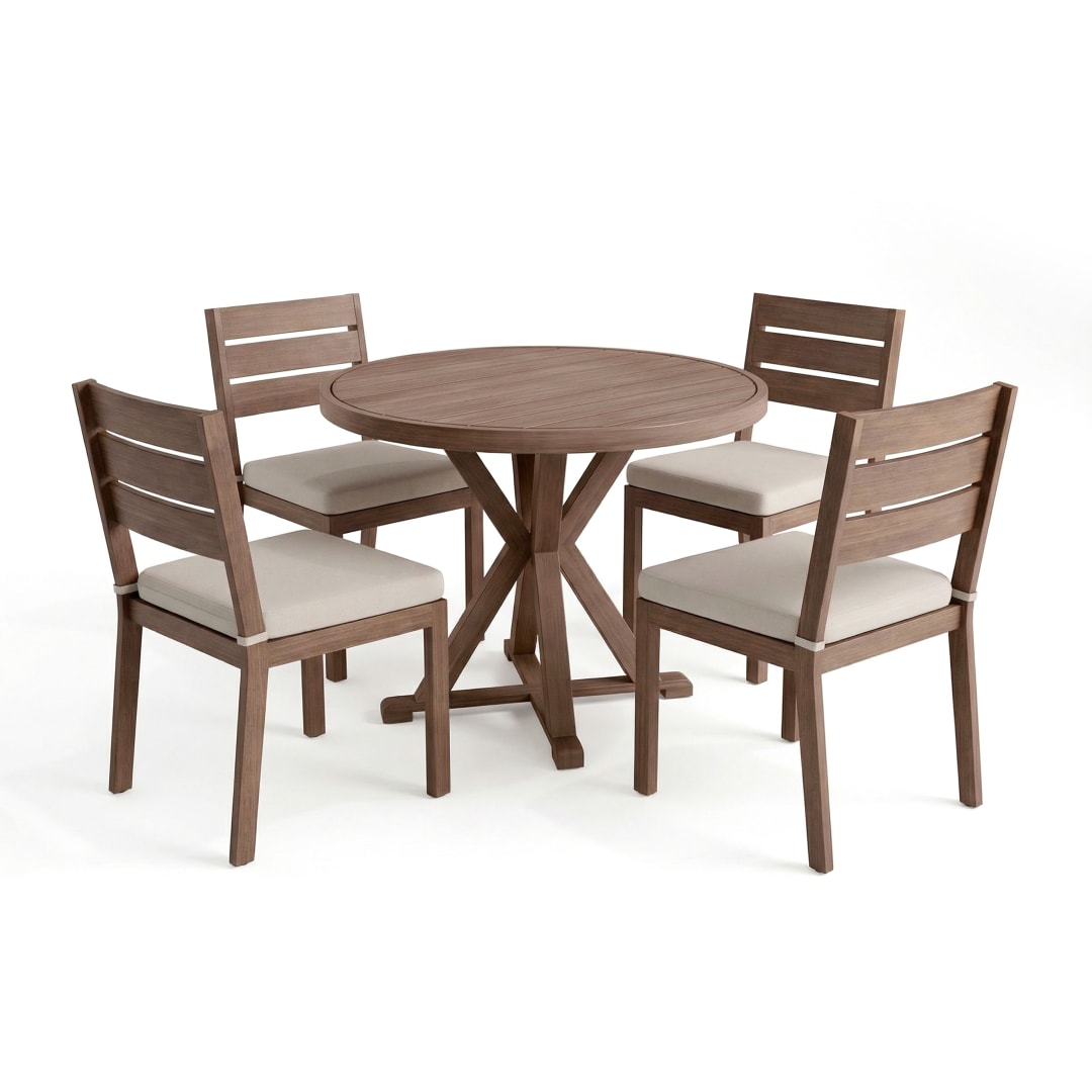 Bedford 5 Piece Aluminum Patio Set, 4 Stackable Dining Chairs with Cream Cushions, 36" Round Trestle Base Table, Brown Brushed Woodgrain Finish