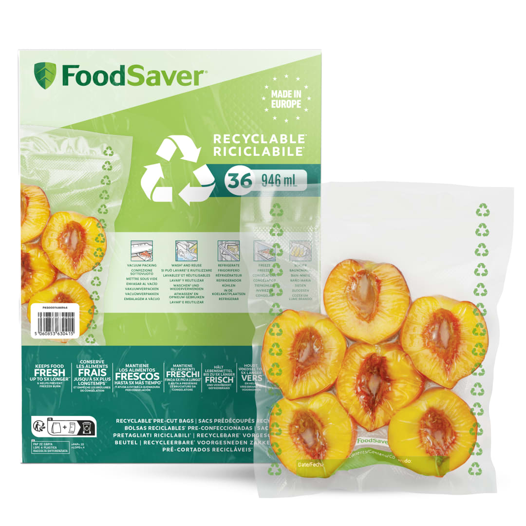 FoodSaver bolsas de envasado al vacío |Reciclables y reutilizables |Mantiene los alimentos frescos hasta 5 veces más tiempo | Sin BPA | 36 bolsas para congelar y cocer a fuego lento (20cm×25cm; 0,94l)
