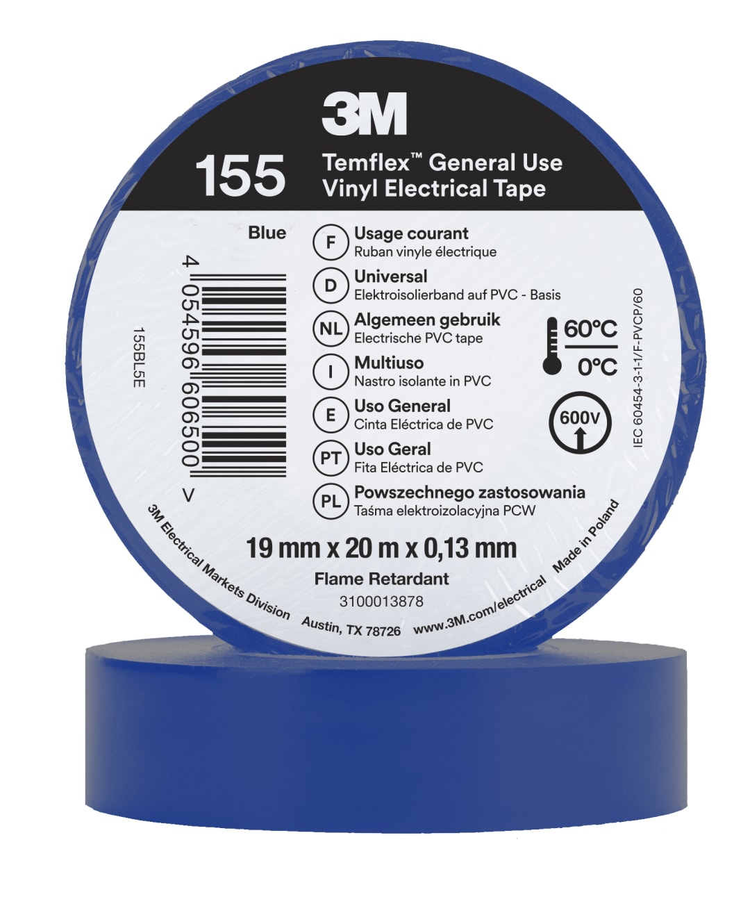 3M™ Temflex™ Vinyl Electrical Tape 155, Blue, 19 mm x 20 m, 100 Rolls/Case