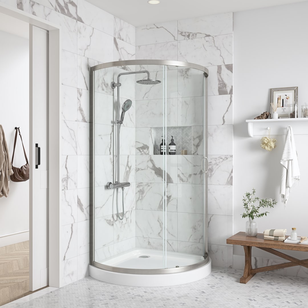 Breeze 33 in. L x 33 in. W x 77 in. H Round Corner Shower Kit in Satin Nickel with Clear Sliding Door and Shower Base Pan (Walls not Included)