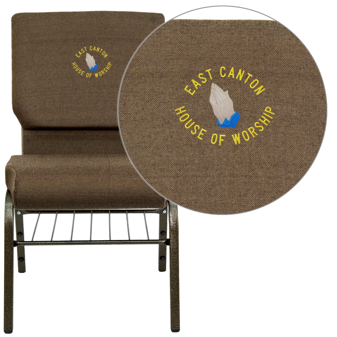 Embroidered HERCULES Series 18.5''W Church Chair in Brown Fabric with Book Rack - Gold Vein Frame