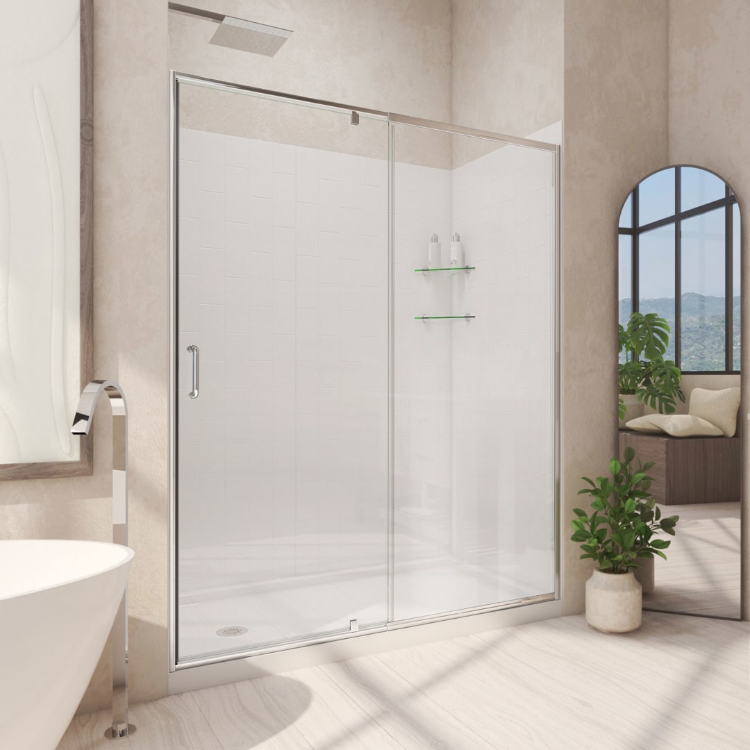 DreamLine Flex 34 inch D x 60 inch W x 78 3/4 inch H Semi-Frameless Pivot Shower Door in Chrome, Left Drain Shower Base, and Wall Kit in White