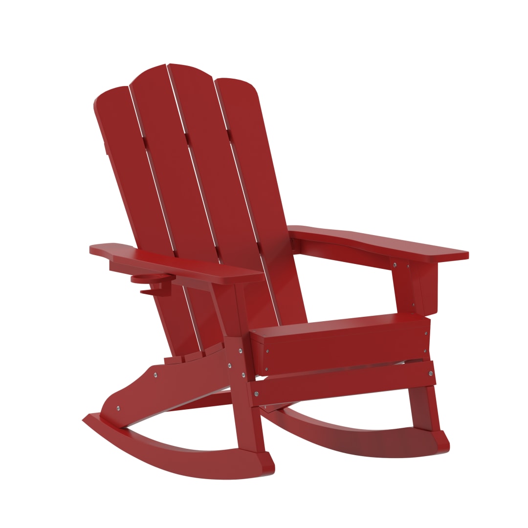 Newport Adirondack Rocking Chair with Cup Holder, Weather Resistant HDPE Adirondack Rocking Chair in Red