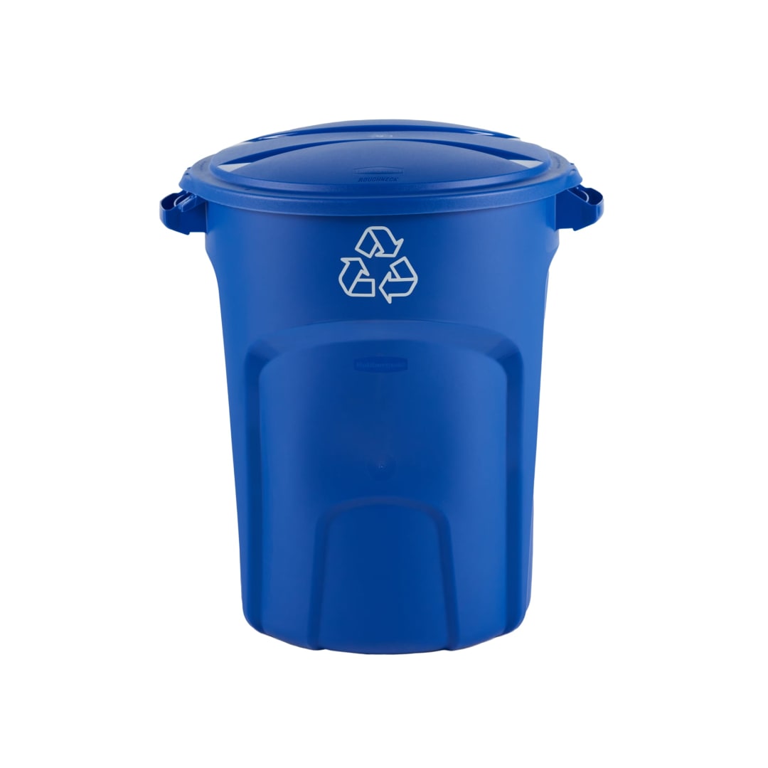 Rubbermaid Roughneck Non-Wheeled Vented Recycling Trash Can, 32 Gallon, Blue