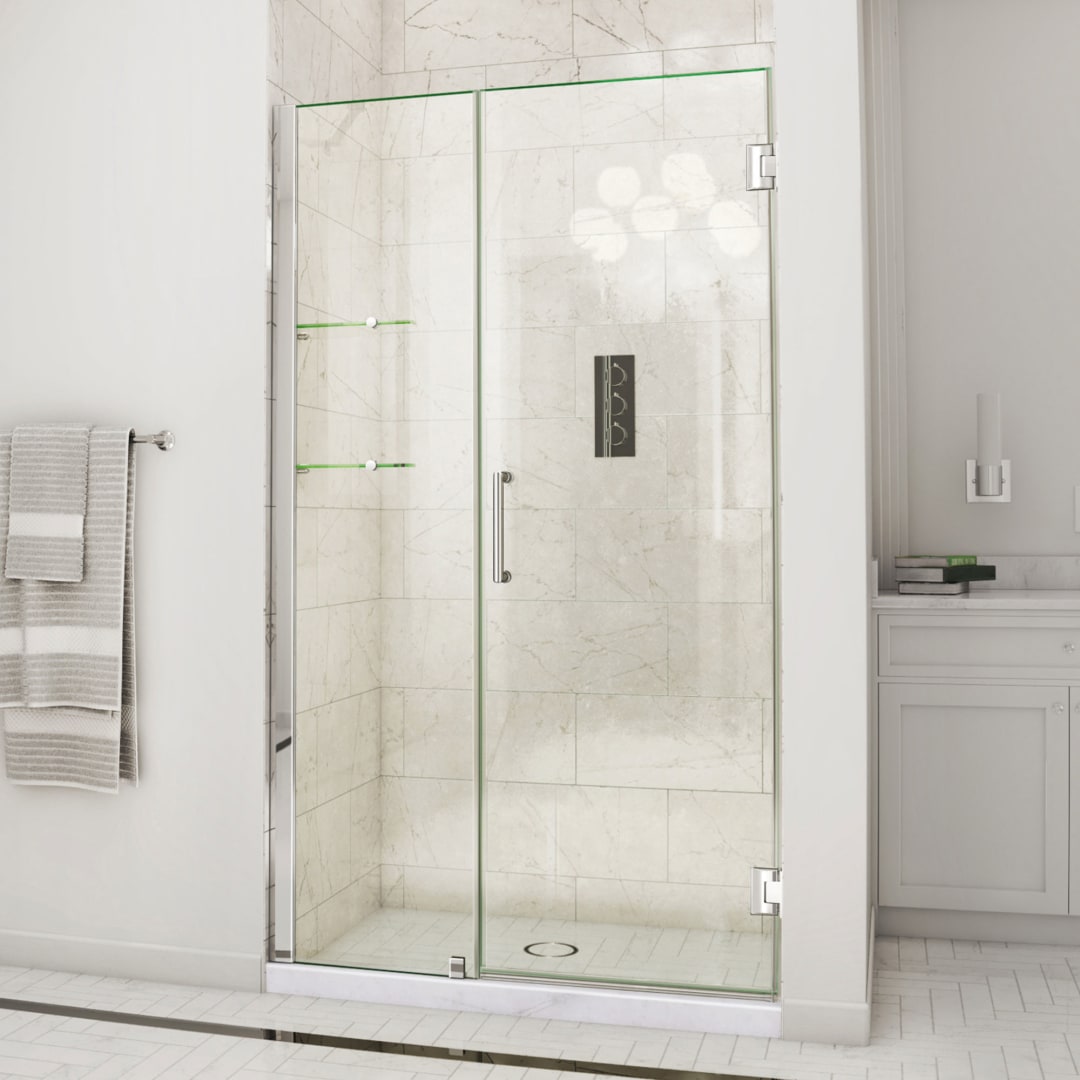 DreamLine Unidoor 47 - 48 inch W x 72 inch H Frameless Hinged Shower Door with Shelves in Chrome