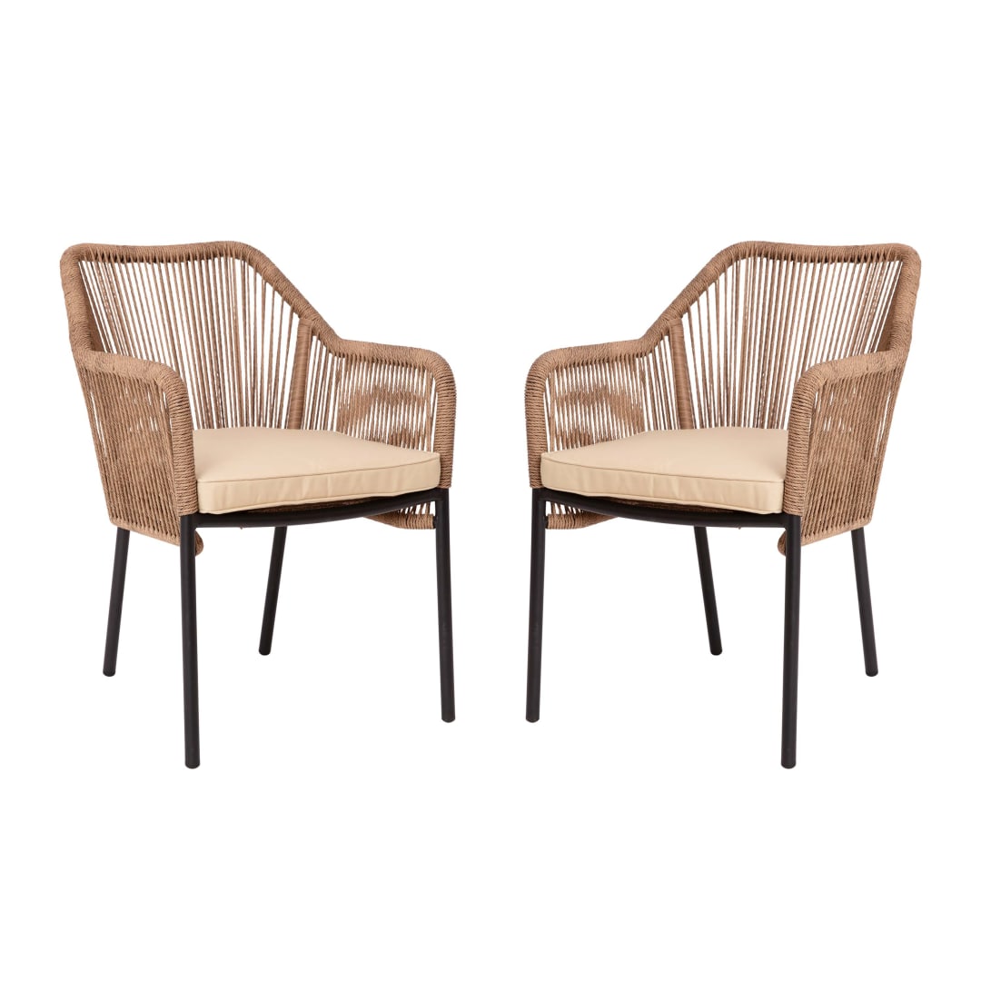 Kallie Set of 2 All-Weather Natural Woven Stacking Club Chairs with Rounded Arms & Ivory Zippered Seat Cushions