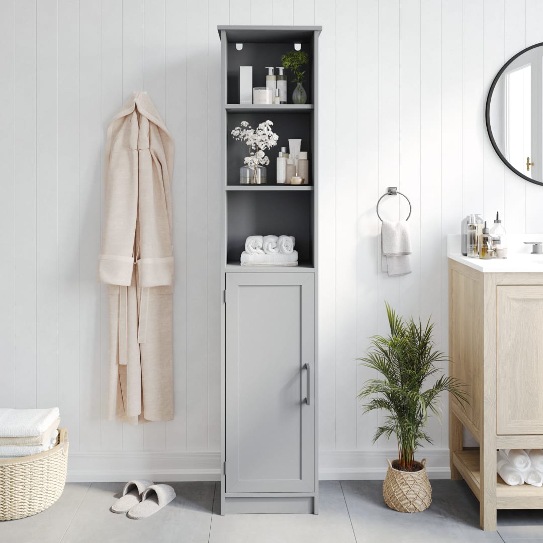 Vega Freestanding Linen Tower Storage Cabinet with Magnetic Close Door, In-Cabinet Adjustable Shelf, and 3 Upper Open Shelves in Gray