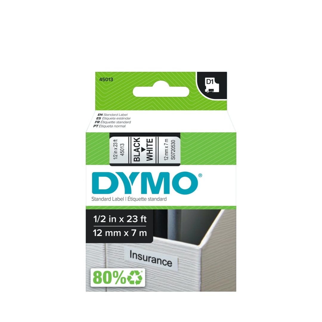 DYMO® D1 Standard Labels for LabelManager Label Makers, 1/2-Inch x 23-Foot, Black Print on White Tape, Self-Adhesive, 1 Cartridge