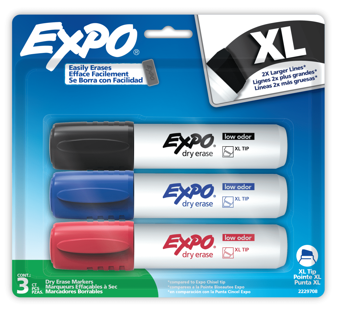 Marqueurs effaables sec EXPO, encre faible odeur, couleurs varies, pointe extra-large, 3marqueurs