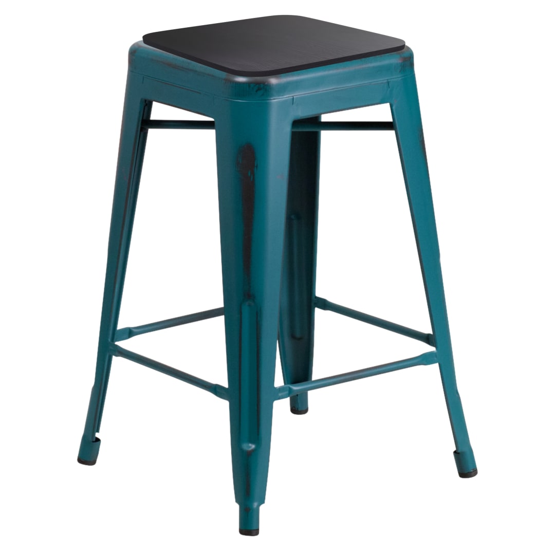 Kai Commercial Grade 24" High Backless Distressed Kelly Blue-Teal Metal Indoor-Outdoor Counter Height Stool with Black All-Weather Polystyrene Seat