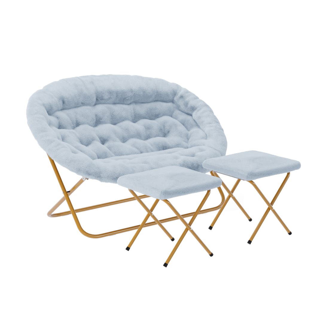Eleanor 56" Portable Folding Double Saucer Chair with 2 Folding Ottomans in Dusty Aqua Faux Fur with a Soft Gold Steel Frame for Dorm or Bedroom