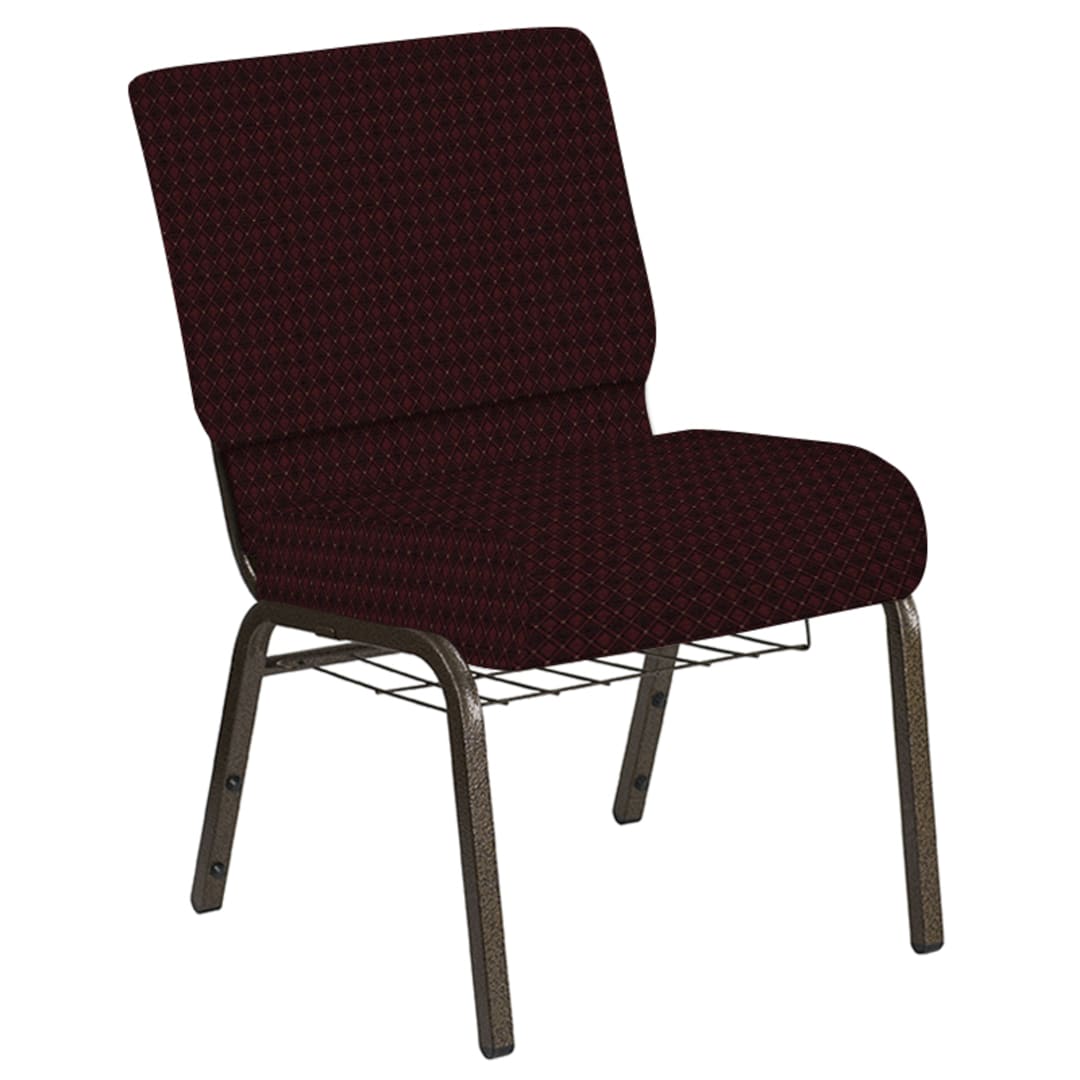 Embroidered 21''W Church Chair in Jewel Garnet Fabric with Book Rack - Gold Vein Frame