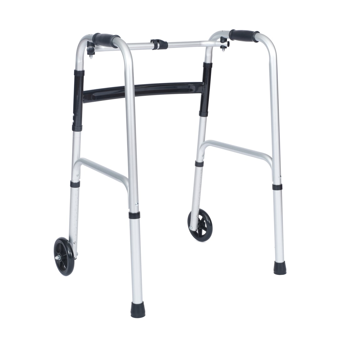 HERCULES Folding Walker with Adjustable Height, Interchangeable Wheels or Feet, Dual Frame Types, and Lightweight Design in Silver/Black