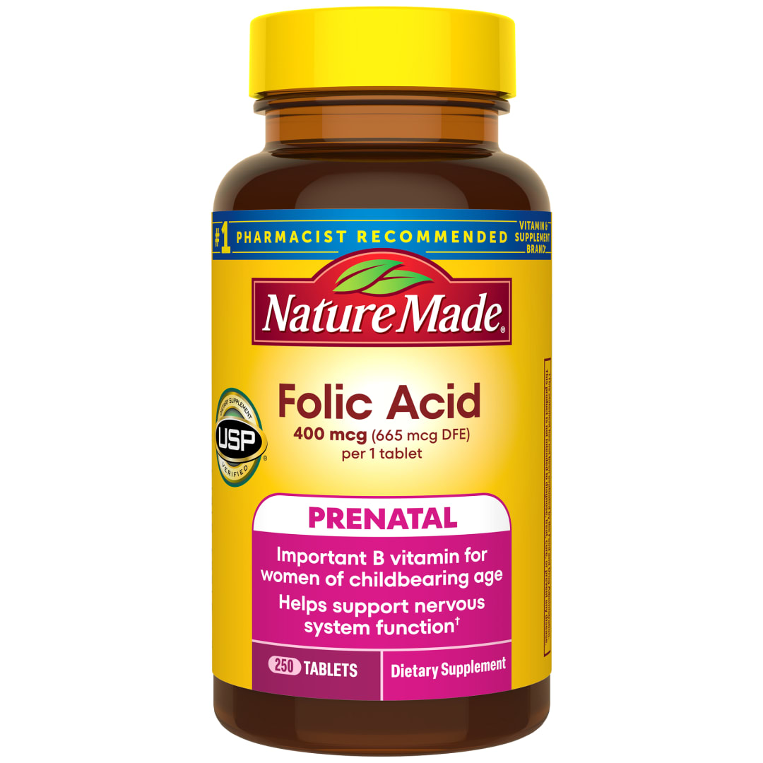 Nature Made Folic Acid 400 mcg (665 mcg DFE), Dietary Supplement for Nervous System Function, 250 Tablets, 250 Day Supply