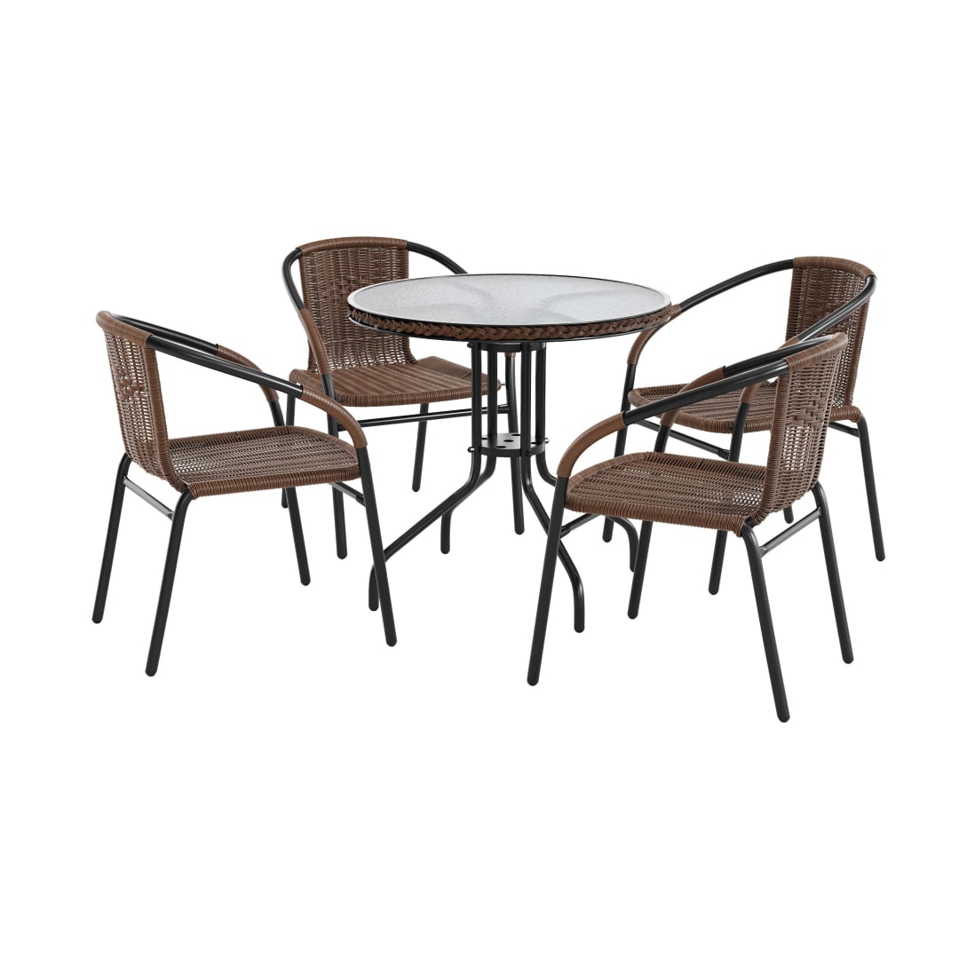 Lila 28'' Round Glass Metal Table with Dark Brown Rattan Edging and 4 Dark Brown Rattan Stack Chairs