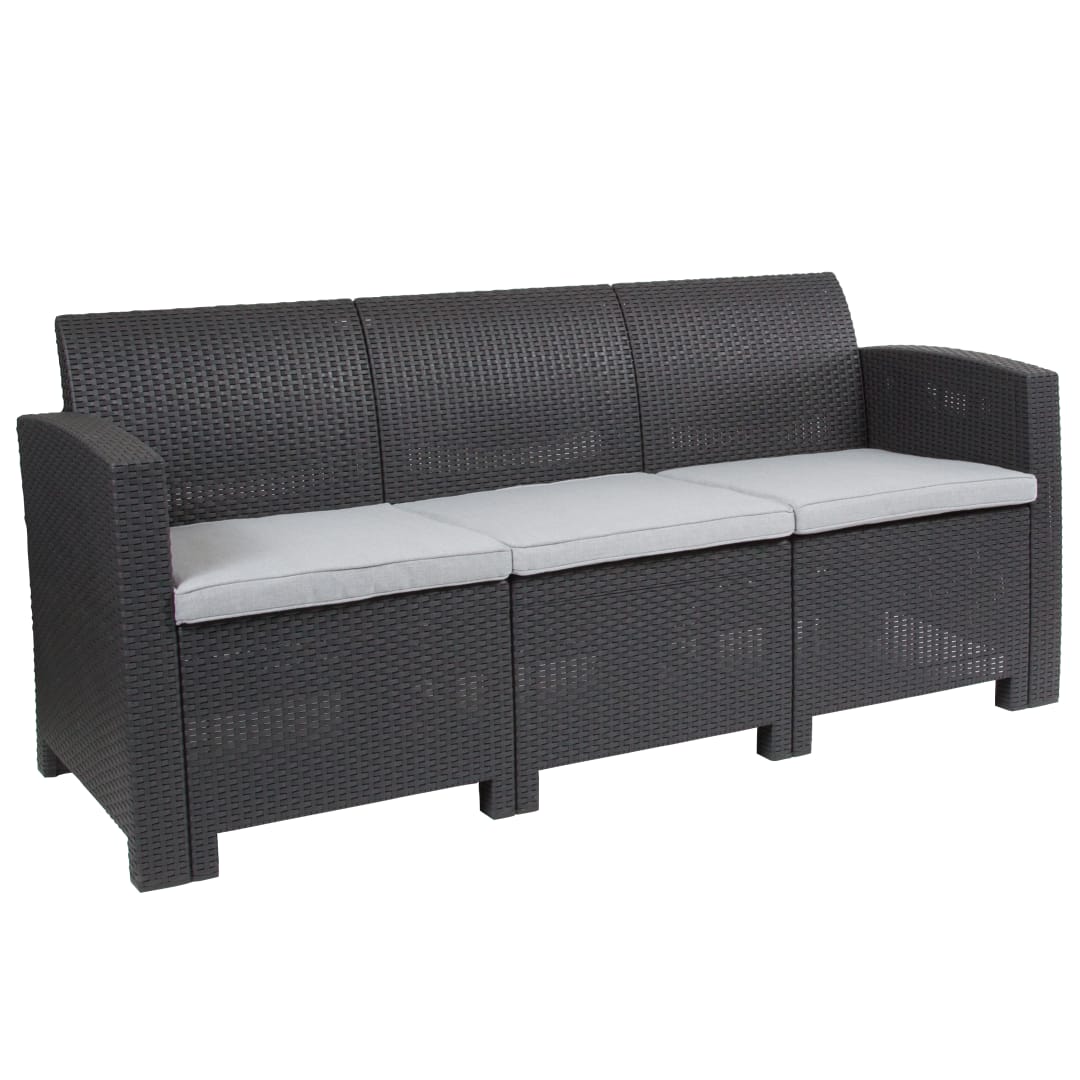 Seneca Dark Gray Faux Rattan Sofa with All-Weather Seneca Light Gray Cushions