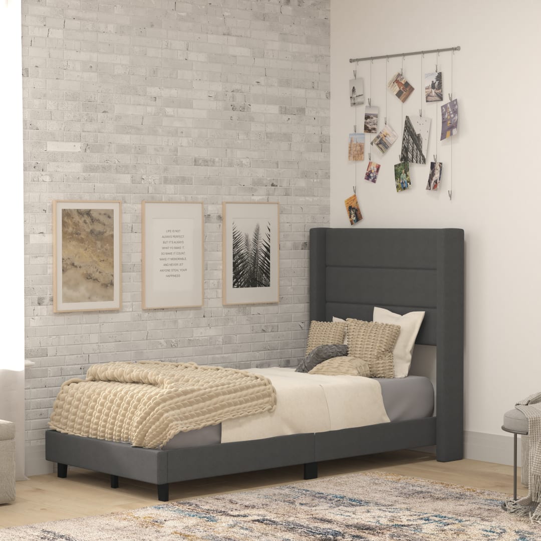 Hollis Twin Upholstered Platform Bed with Wingback Headboard, Mattress Foundation with Slatted Supports, No Box Spring Needed, Charcoal Faux Linen