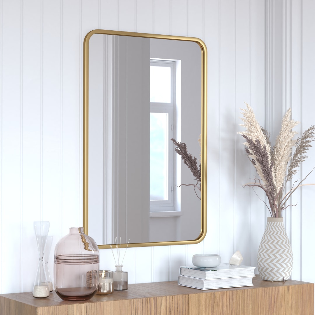Jada 24" x 36" Decorative Wall Mirror - Rounded Corners, Bathroom &amp; Living Room Glass Mirror Hangs Horizontal Or Vertical, Matte Gold