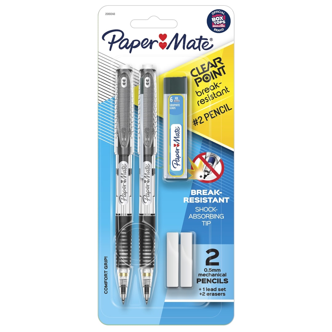 Paper Mate® Clearpoint® Break-Resistant Mechanical Pencils, HB #2 Lead (0.5mm), 2 Pencils (Black), 1 Lead Refill Set, 2 Erasers