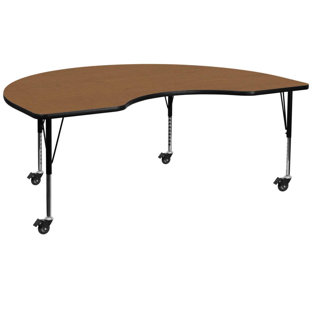 Wren Mobile 48''W x 72''L Kidney Oak Thermal Laminate Activity Table - Height Adjustable Short Legs