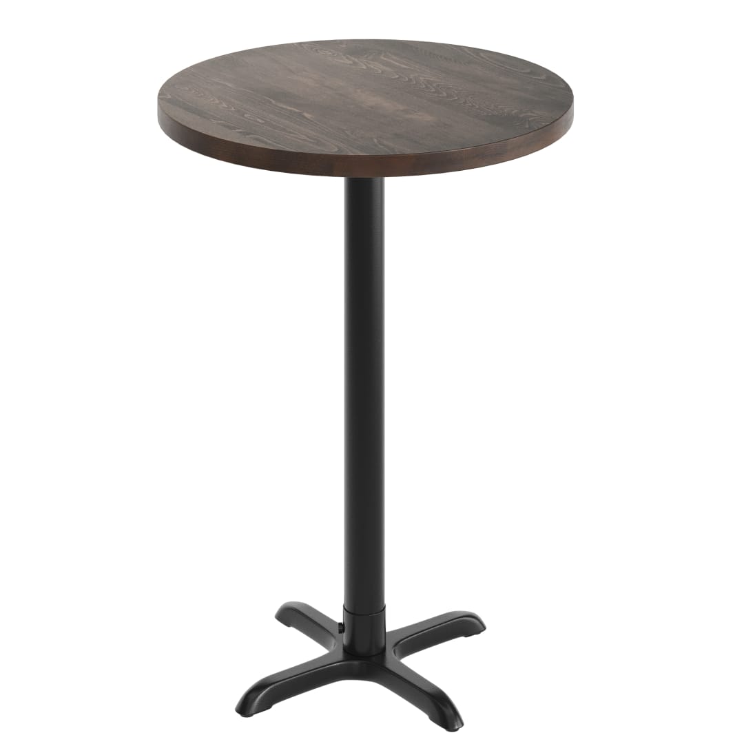 Bennett 30" Round Solid Wood Commercial Indoor Tabletop in Dark Brown with 22" x 22" Bar Height Rust-Resistant Black Cast Iron X-Base
