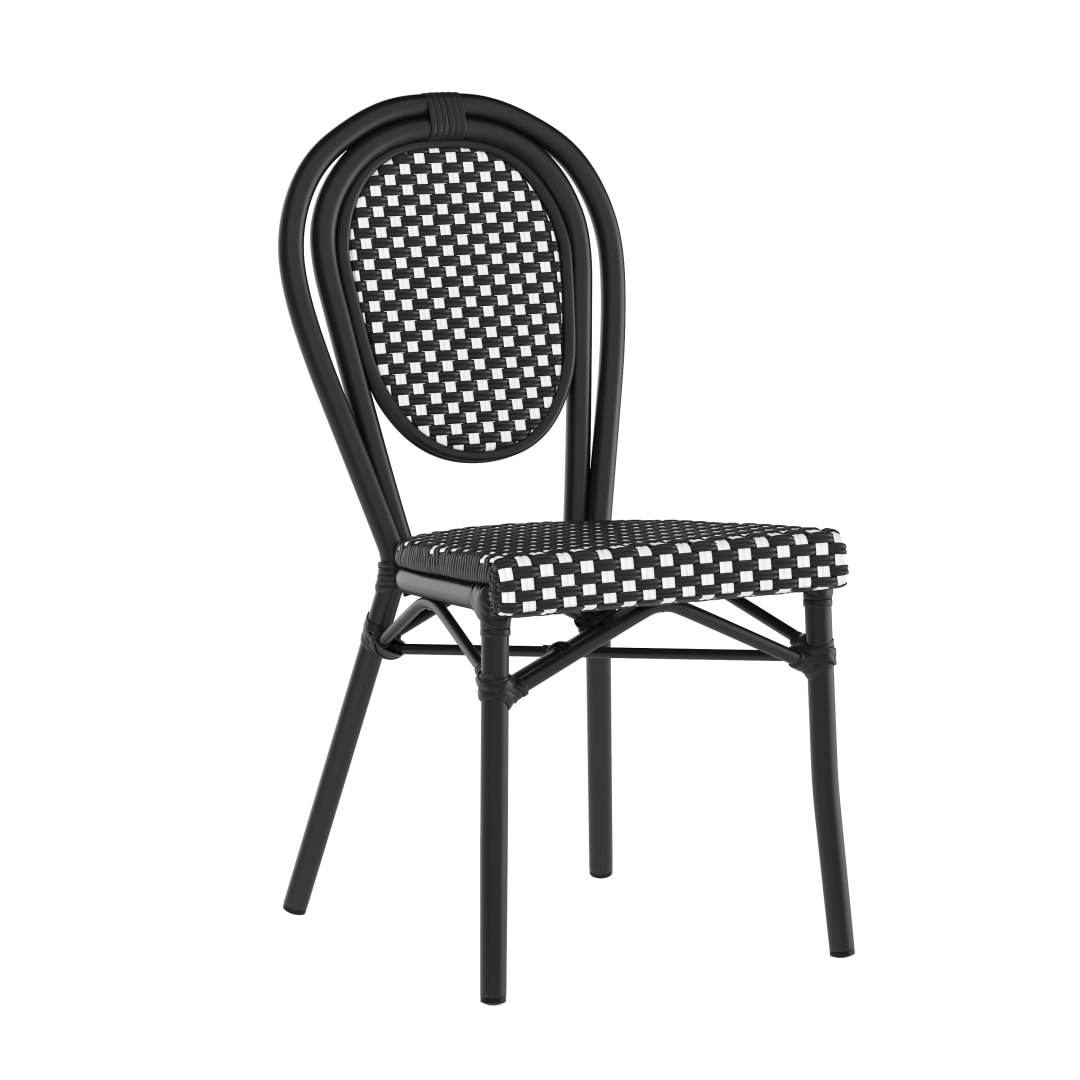 Lourdes Indoor/Outdoor Commercial Thonet Bistro Stacking Chair, Black and White PE Rattan and Black Aluminum Frame