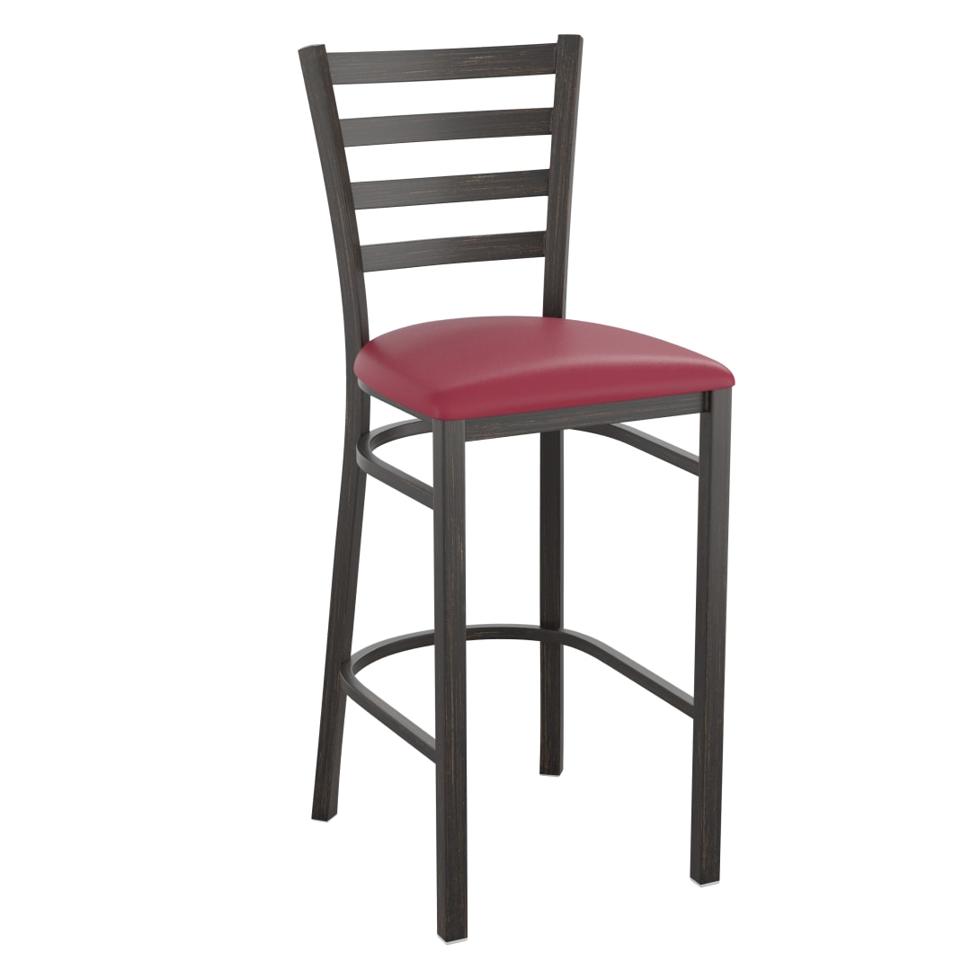 HERCULES Series Distressed Gold Ladder Back Metal Restaurant Barstool - Burgundy Vinyl Seat