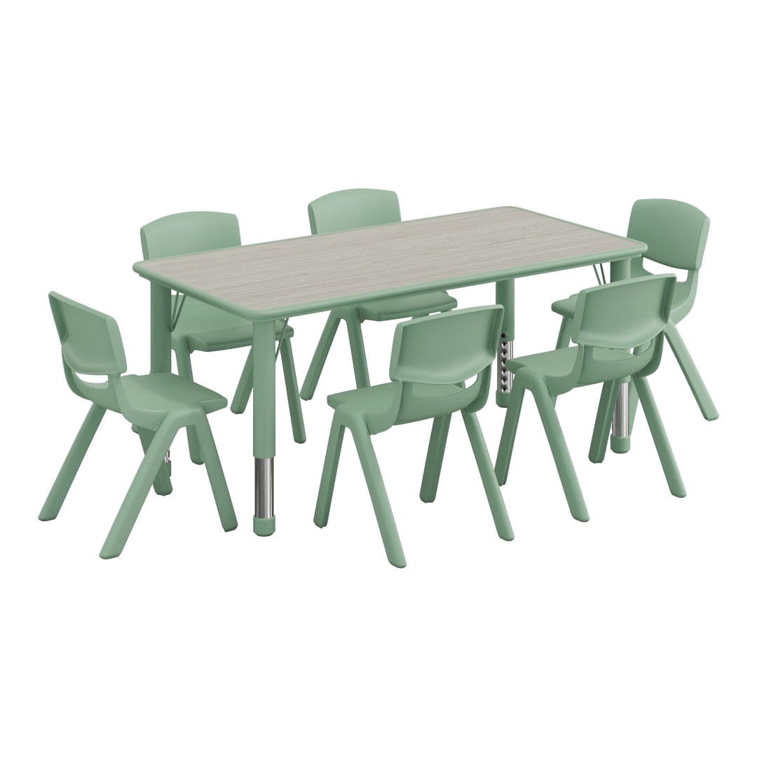 Emmy 7-Piece Kids Height Adjustable Activity Table Set, 47.25" x 23.5" Light Gray Woodgrain Laminate Top, Sage Frame, 6 Sage Chairs