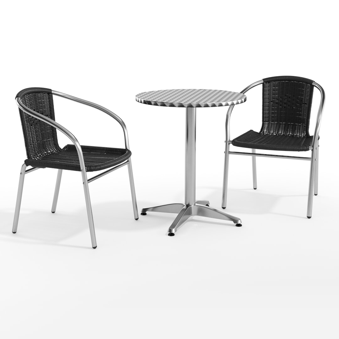 Lila 23.5'' Round Aluminum Indoor-Outdoor Table Set with 2 Black Rattan Chairs