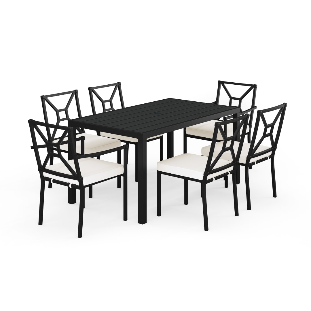 Lily Pond 7-Piece Indoor-Outdoor Dining Set with 6 Stackable Dining Chairs and 60" Table with Steel Frames in Black with Cream All-Weather Cushions