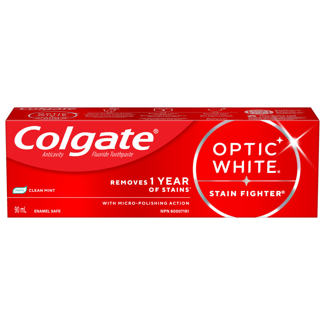 Colgate Optic White Stain Fighter Clean Mint Paste Teeth Whitening Toothpaste, Anticavity Toothpaste with Fluoride, 90 mL