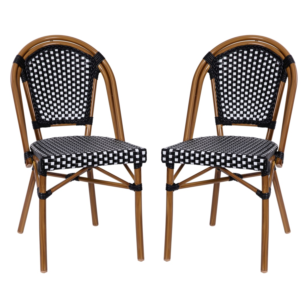 Bordeaux Set of 2 Indoor/Outdoor Commercial Bistro Stacking Chairs, Black/White PE Rattan Back and Seat, Bamboo Print Aluminum Frame in Natural