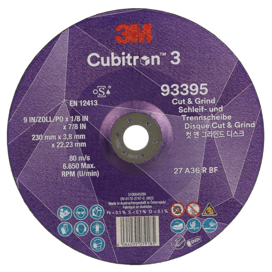 3M™ Cubitron™ 3 Kesme ve Taşlama Taşı, 93395, 36+, T27, 230 mm x 3,8 mm x 22,23 mm, EN, 10/Paket, 20 adet/Kutu