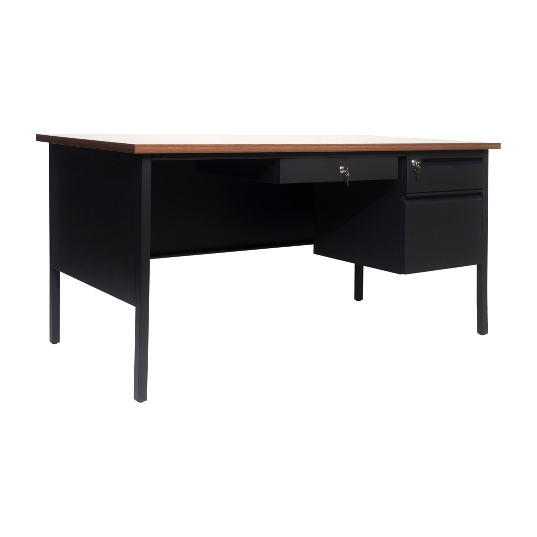 Cambridge Commercial Grade 30x60 Right Side Single Pedestal Desk with 3 Locking Drawers, Walnut Top and Black Frame