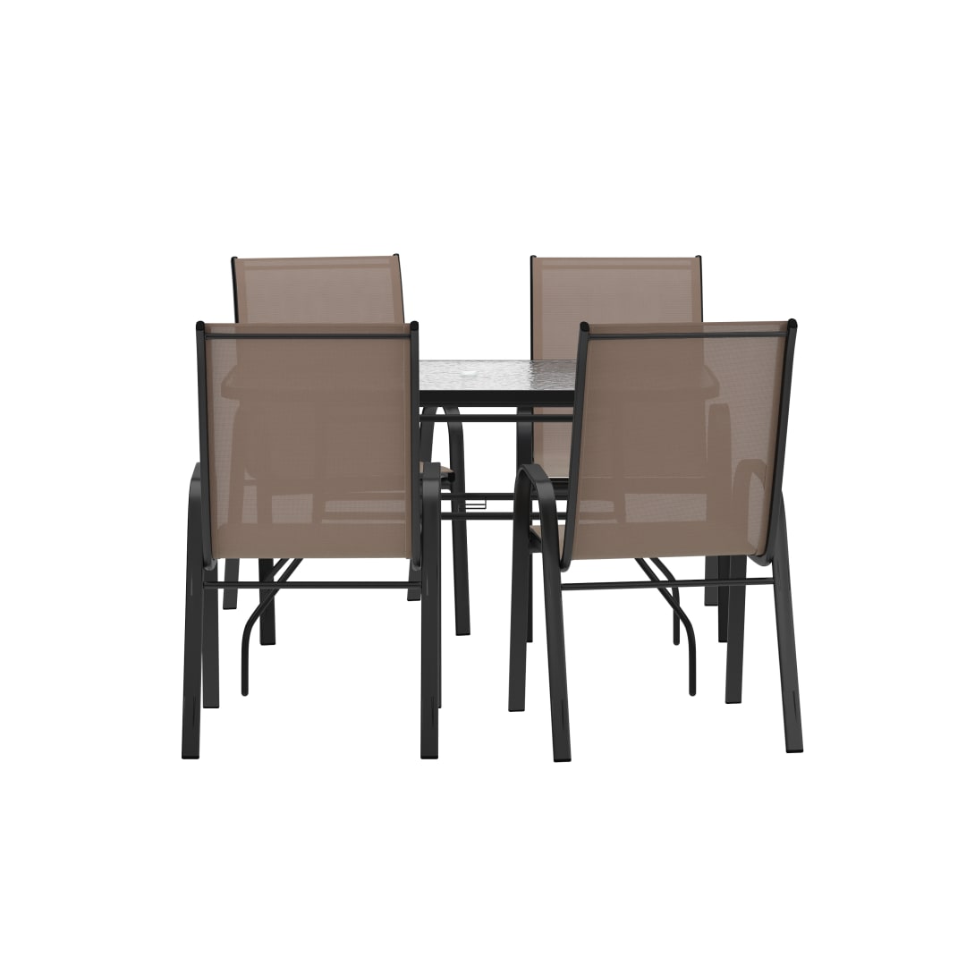 Brazos 5 Piece Commercial Grade Patio Dining Set with Tempered Glass Patio Table with 4 Chairs with Brown Flex Comfort Material Seats and Backs