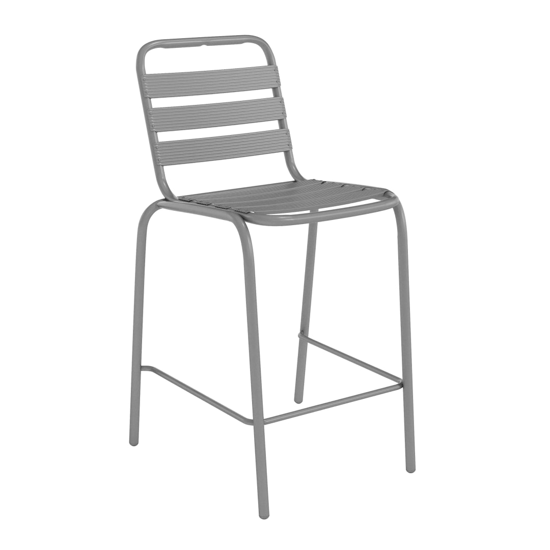 Lila Commercial Silver Metal Indoor-Outdoor Restaurant Bar Height Stool with Metal Triple Slat Back