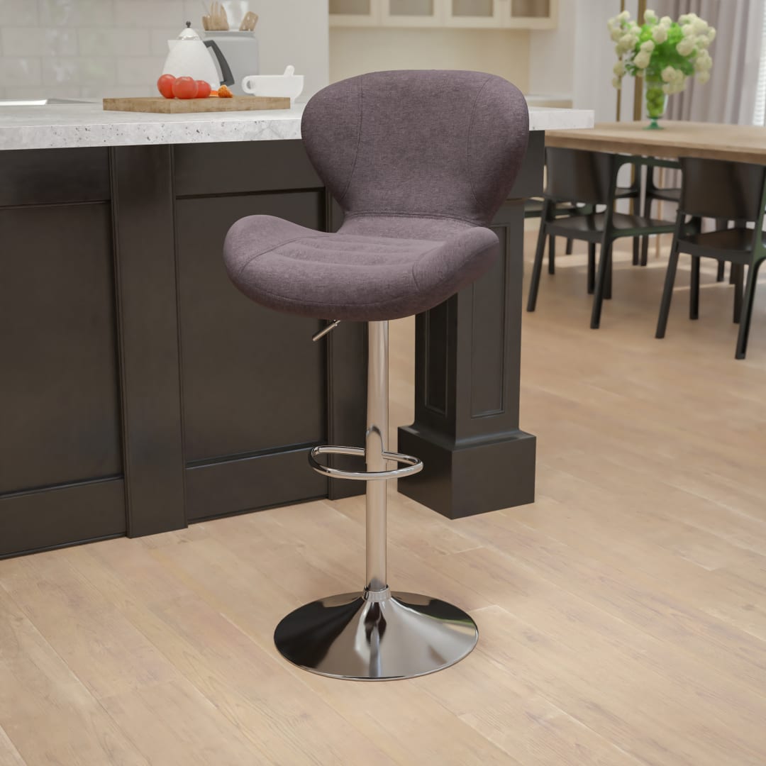 Francis Contemporary Charcoal Fabric Adjustable Height Barstool with Curved Back and Chrome Base