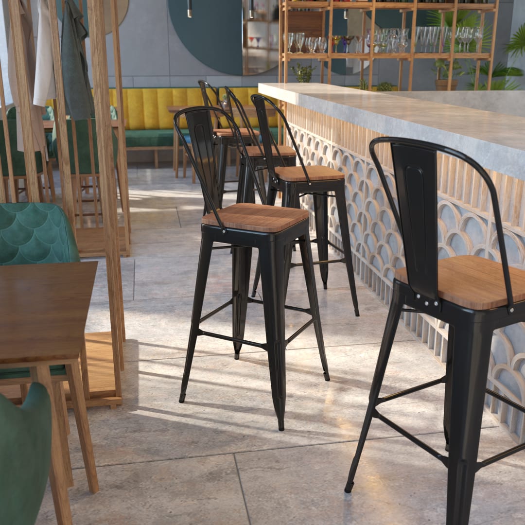 Lily 30" High Black Metal Barstool with Back and Wood Seat