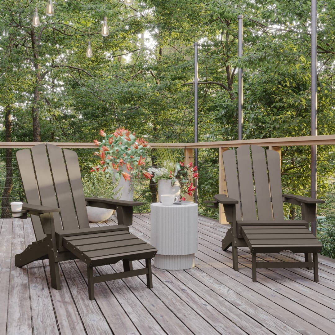 Newport HDPE Adirondack Chair with Cup Holder and Pull Out Ottoman, All-Weather HDPE Indoor/Outdoor Lounge Chair in Brown, Set of 2