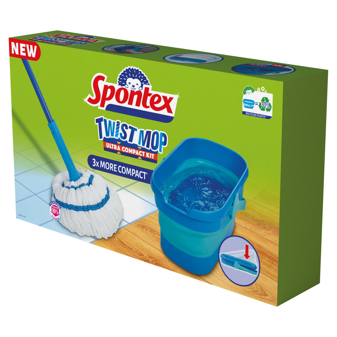 Spontex Twist Mop Kit Set de fregona y cubo - Fregona de microfibras con sistema de autoescurrido incorporado - Cubo plegable de 10L - Limpia suelos laminados, de madera y baldosas