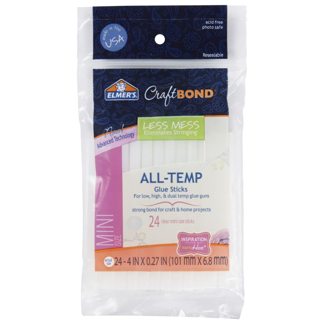 Elmer’s CraftBond Less Mess All-Temp Mini Glue Sticks, 4” x 0.27”, 24 Count