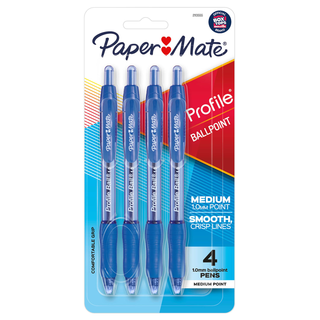 Paper Mate® Ballpoint Pen, Profile Retractable Pen, Medium Point (1.0mm), Blue, 4 Count