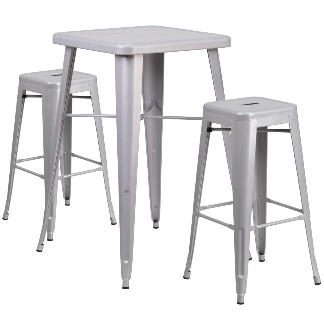 Stone Commercial Grade 23.75" Square Silver Metal Indoor-Outdoor Bar Table Set with 2 Square Seat Backless Stools