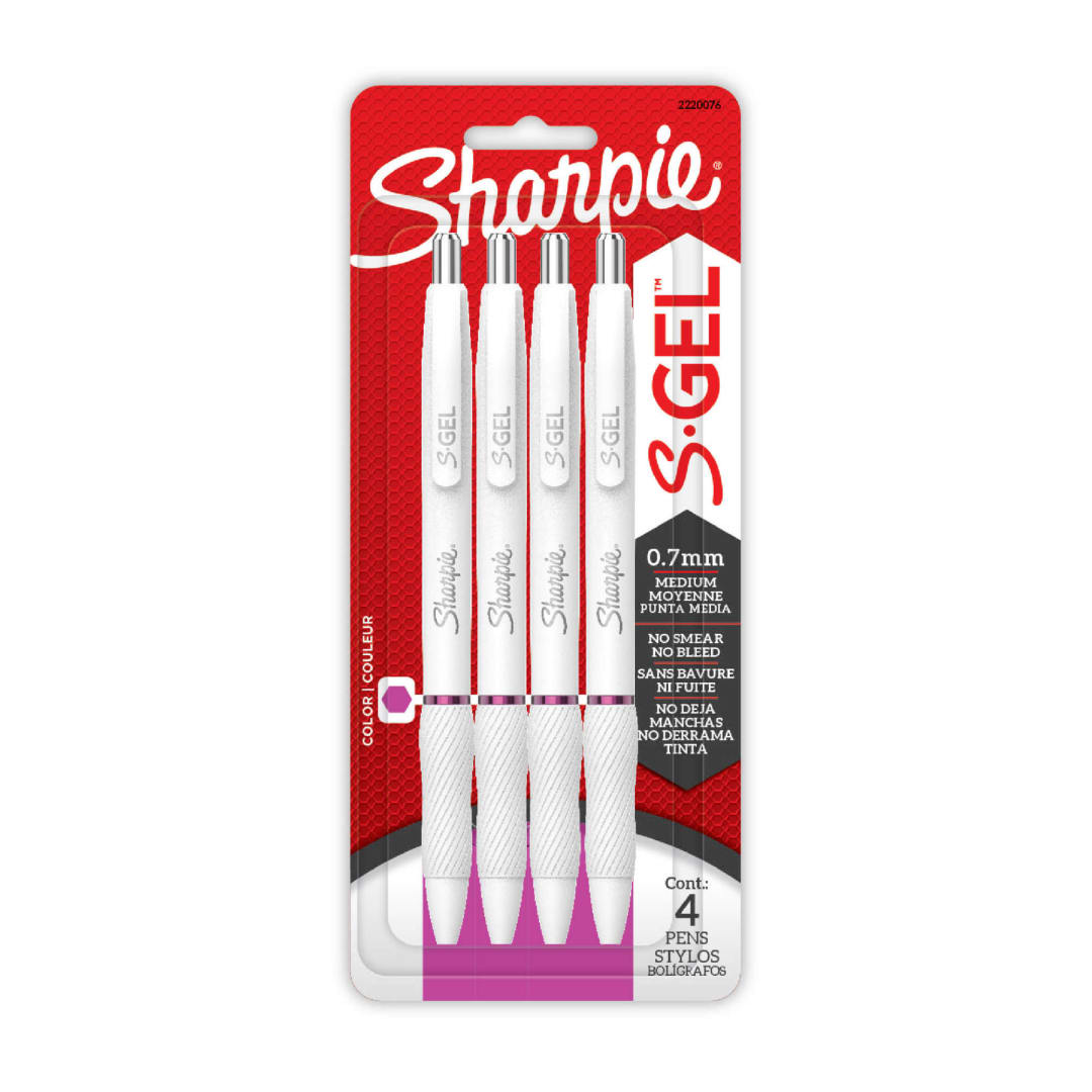 Sharpie S-Gel Pens, Pearl White Body, Medium (0.7mm) Point, Berry Pink Ink, 4 Count