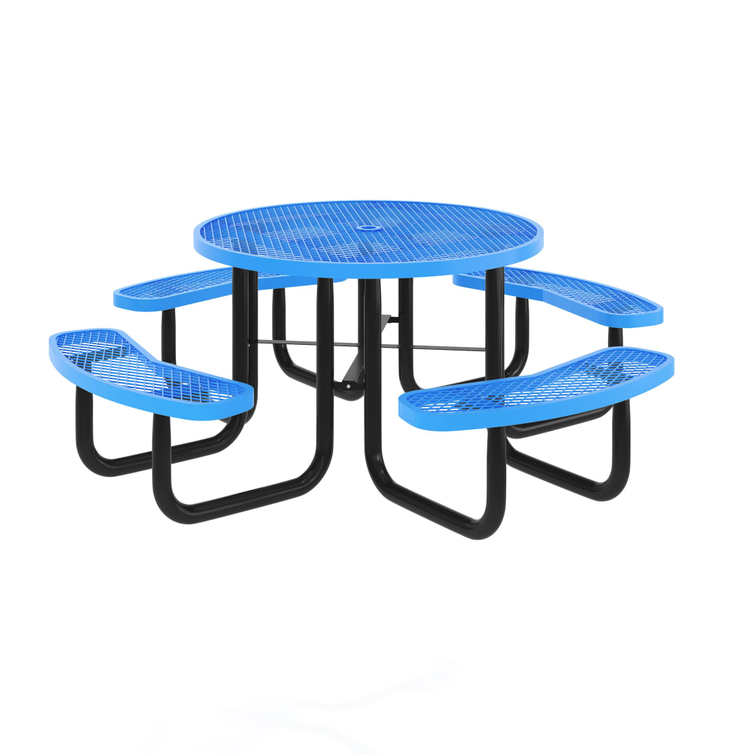Creekside 46" Round Outdoor Picnic Table with Commercial Heavy Gauge Expanded Metal Mesh Seats and Top with Umbrella Hole and Ground Anchors, Blue